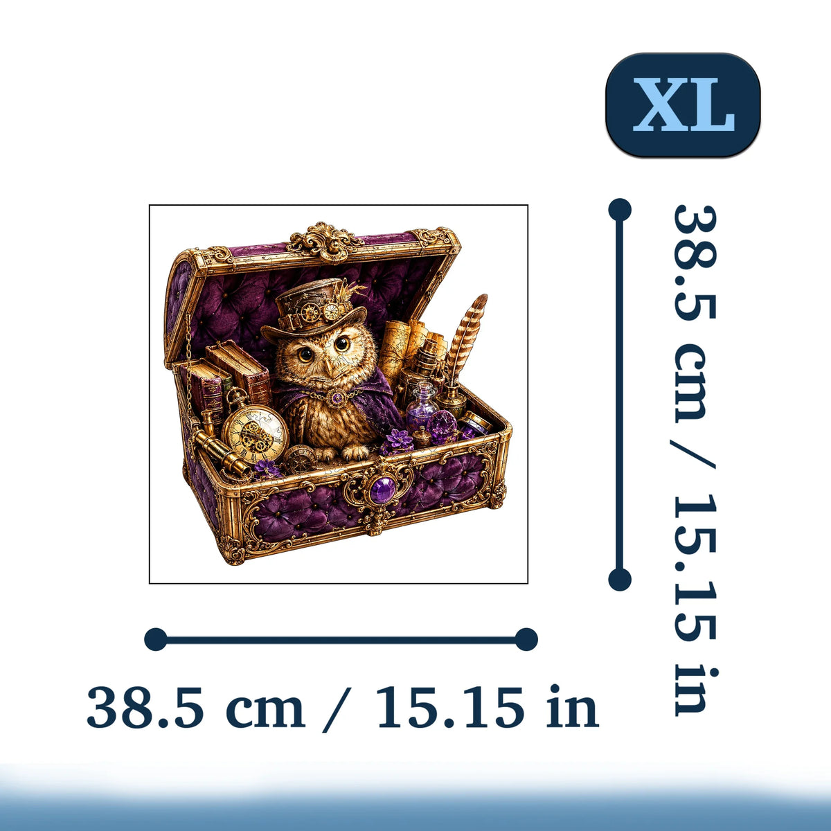 A detailed illustration of an ornate wooden box containing a golden owl figurine and various trinkets, used as a jigsaw puzzl