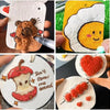 Three examples of bubble painting art using foam paper and markers, featuring a bear, a fried egg, and a heart.