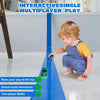 A toddler plays with a blue flexible car race track featuring suction cups for interactive multiplayer play.