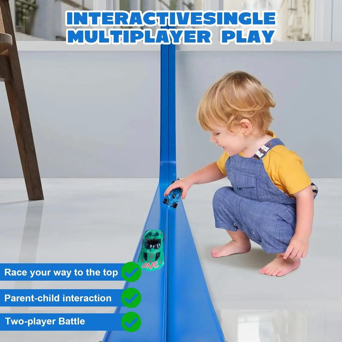 A toddler plays with a blue flexible car race track featuring suction cups for interactive multiplayer play.