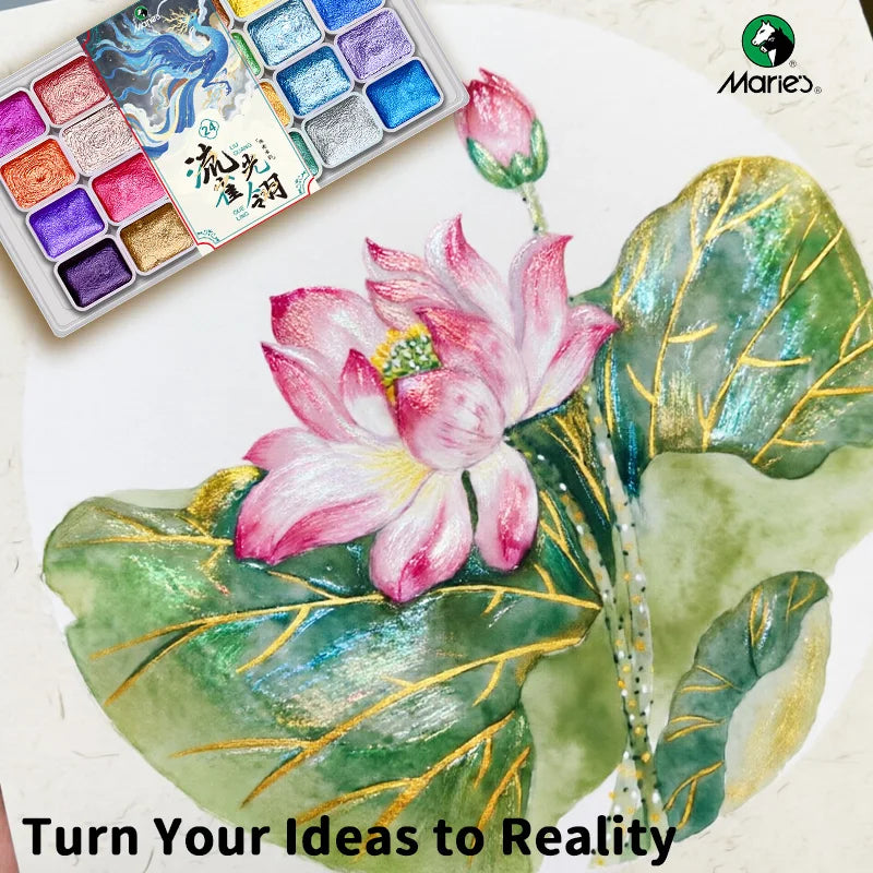 A watercolor paint set featuring 24 colors including pearlescent, sunset, and metallic starry shades displayed on a white bac
