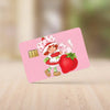 A pink credit card sticker set featuring a cartoon girl, a strawberry, and a kitten.