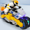 A white and black figure is riding a yellow stunt car with blue lights, transforming into a vehicle.
