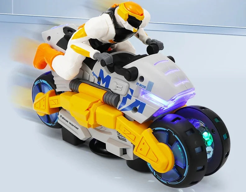 A white and black figure is riding a yellow stunt car with blue lights, transforming into a vehicle.