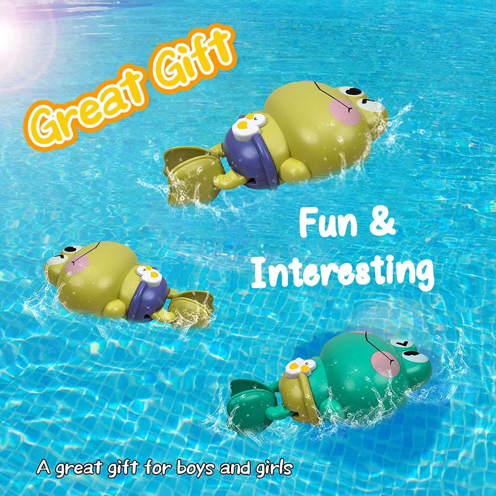 A yellow and purple wind-up swimming frog toy floating in clear water.