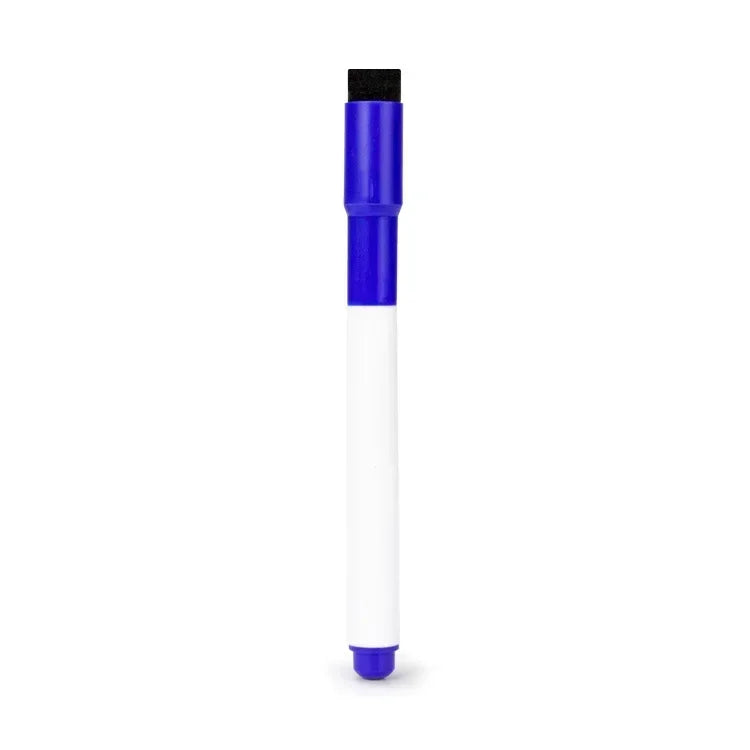 A flexible magnetic dry erase board with a blue cap and white body.