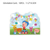 A colorful card featuring cartoon circus characters, balloons, and party decorations for a child's birthday.