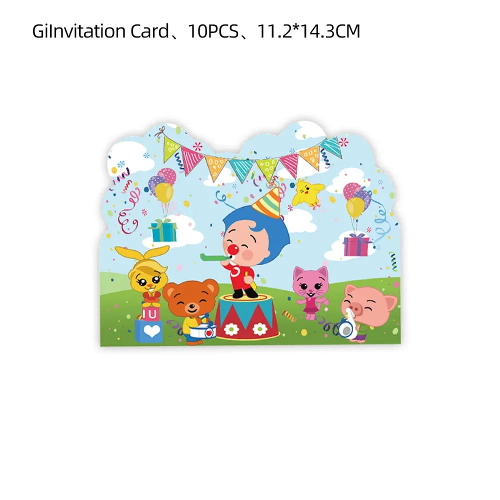 A colorful card featuring cartoon circus characters, balloons, and party decorations for a child's birthday.