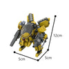 A yellow and gray exoskeleton combat robot model built from building blocks, shown in a side view with dimensions.