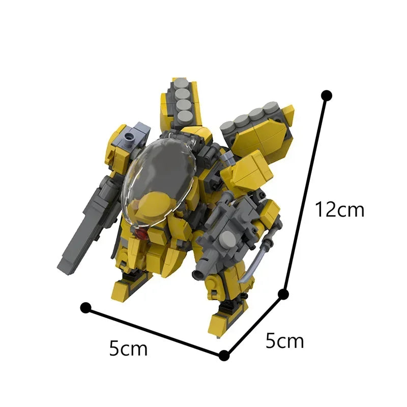 A yellow and gray exoskeleton combat robot model built from building blocks, shown in a side view with dimensions.