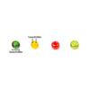 A collection of glossy glass seed beads in green, yellow, red, and lime green, showing various sizes.