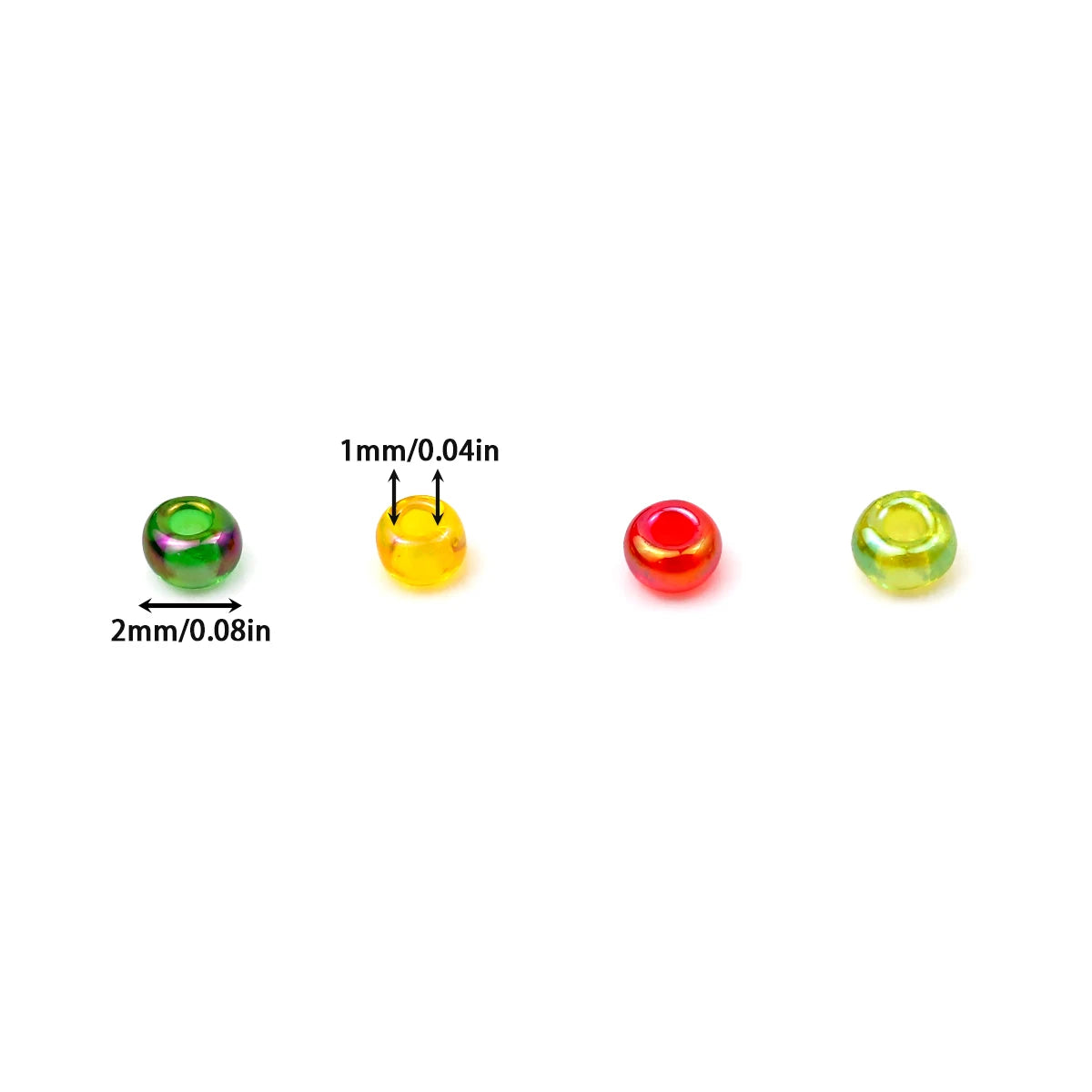 A collection of glossy glass seed beads in green, yellow, red, and lime green, showing various sizes.