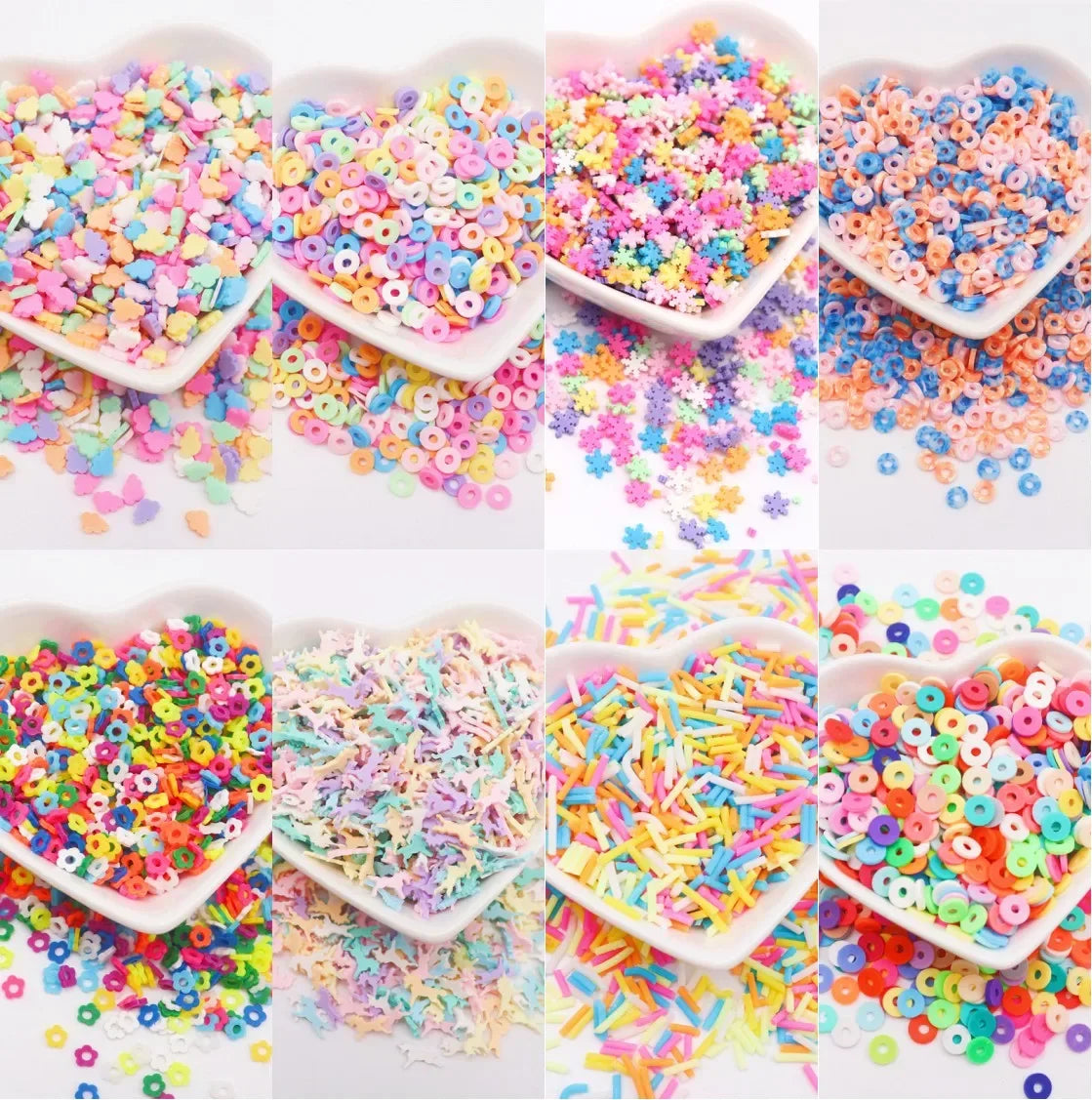 A variety of colorful polymer clay sprinkles are shown in heart-shaped containers and scattered on a white background.