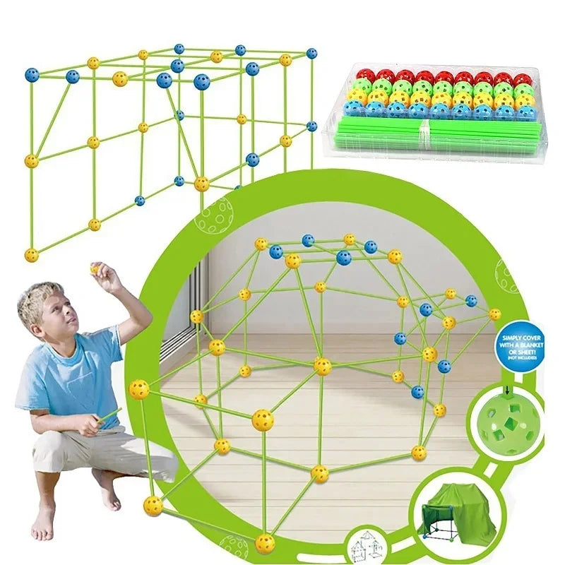A set of green building blocks forming a geometric structure and a plastic tent for children's play