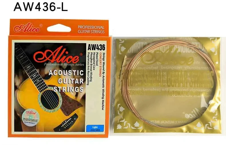 Box of Alice professional guitar strings with a gold foil roll of bronze acoustic guitar strings.