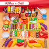 A colorful assortment of 95 pieces of food items on skewers and in various shapes for a mini barbecue pretend play kitchen se