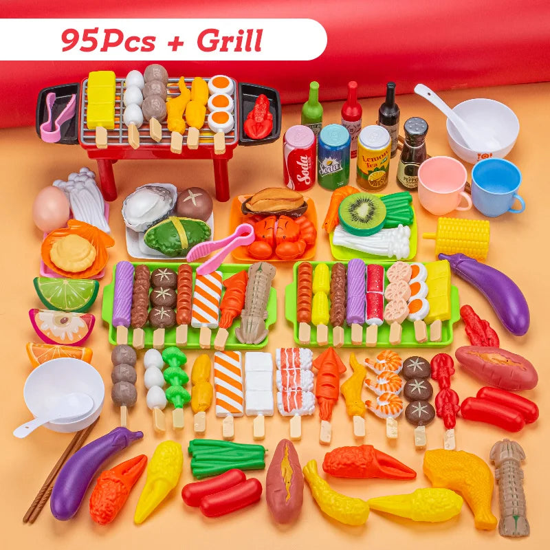 A colorful assortment of 95 pieces of food items on skewers and in various shapes for a mini barbecue pretend play kitchen se