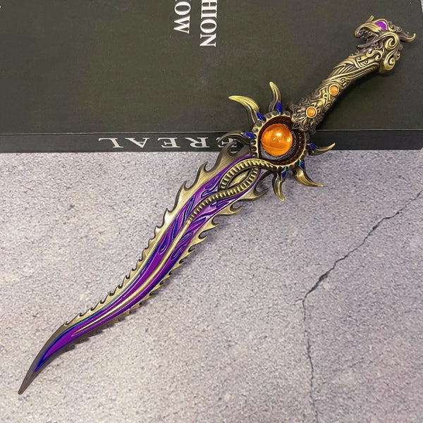 A detailed 11-inch metal Naraka Bladepoint Katana replica with an ornate hilt and purple blade resting on a dark surface.