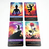 A set of four tarot-style oracle cards featuring themes like Spirit Awakening, Inner Balance, Battle Within, and Shadow Bloss