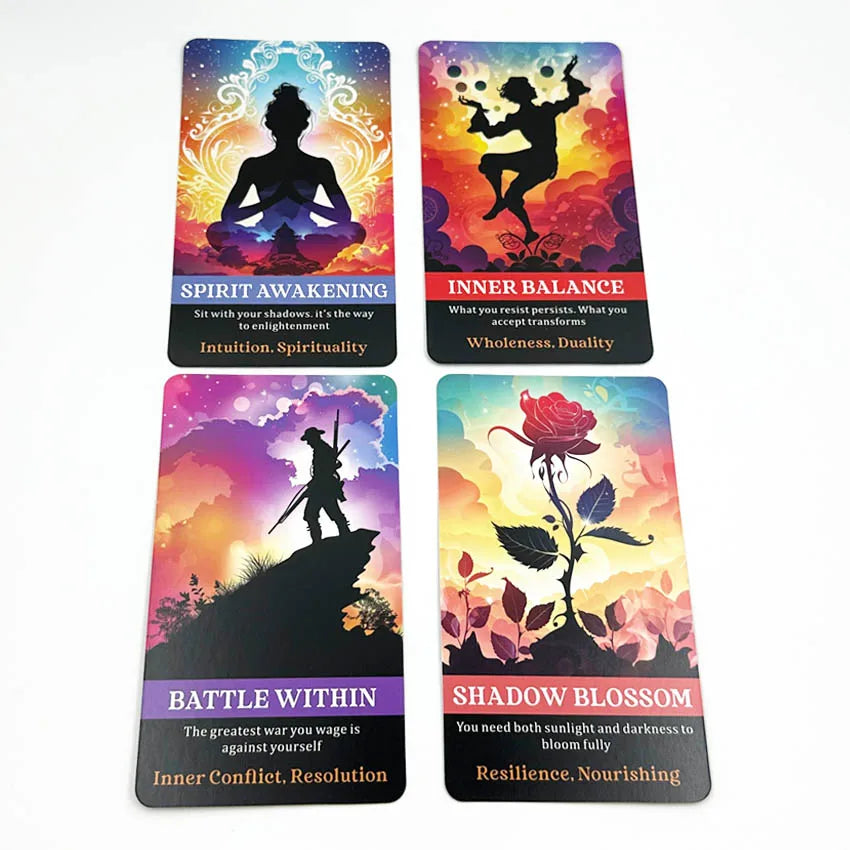 A set of four tarot-style oracle cards featuring themes like Spirit Awakening, Inner Balance, Battle Within, and Shadow Bloss