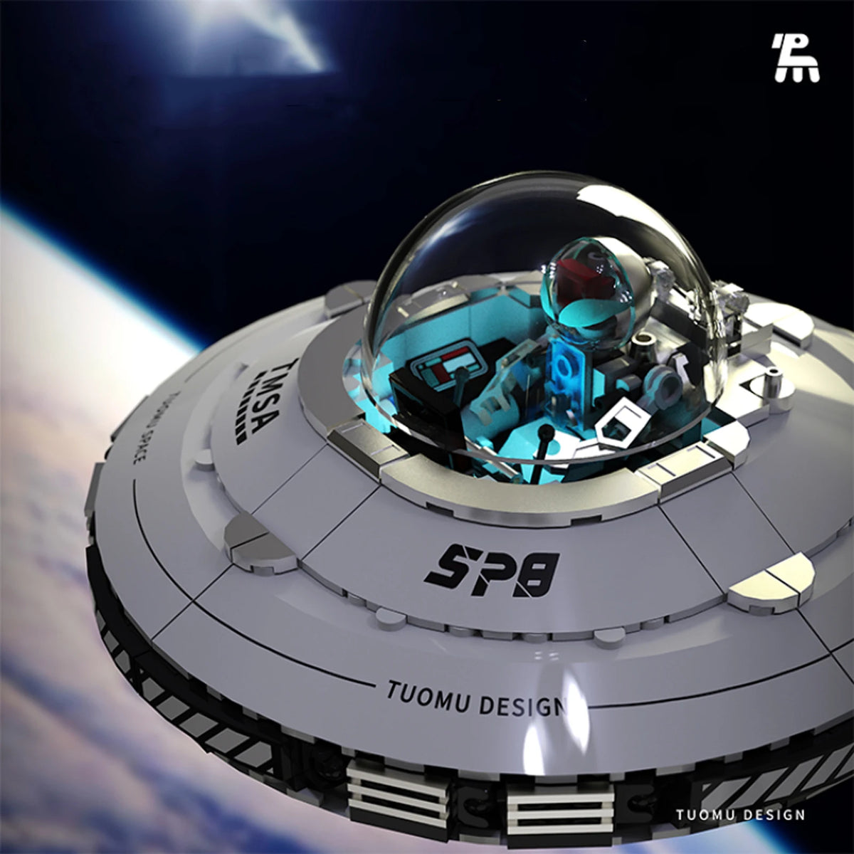A detailed model of an alien spaceship built from blocks, featuring a clear dome and illuminated components.