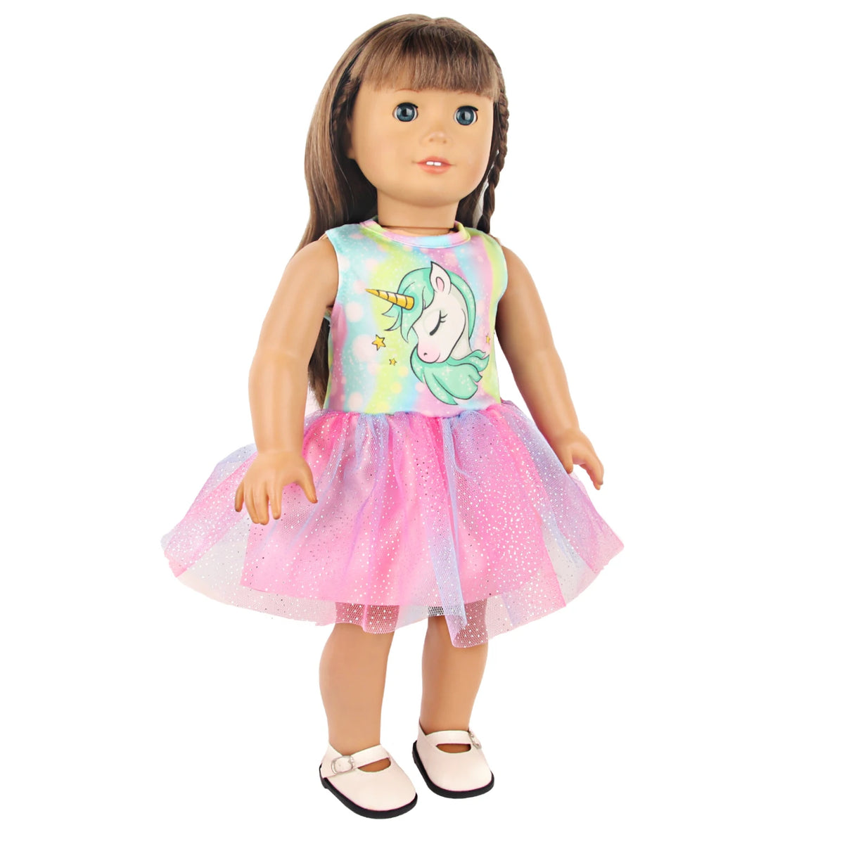 A doll wearing a unicorn themed outfit consisting of a multicolored top and a pink tulle skirt.