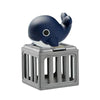 A blue whale bath and pool toy set featuring a whale figure inside a gray plastic cage.