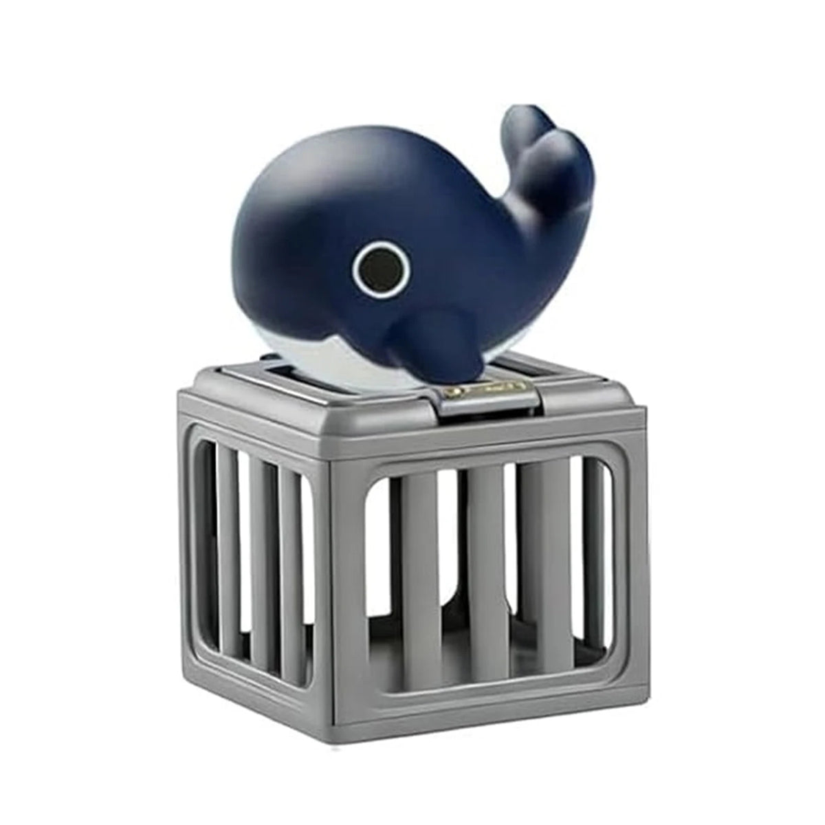 A blue whale bath and pool toy set featuring a whale figure inside a gray plastic cage.