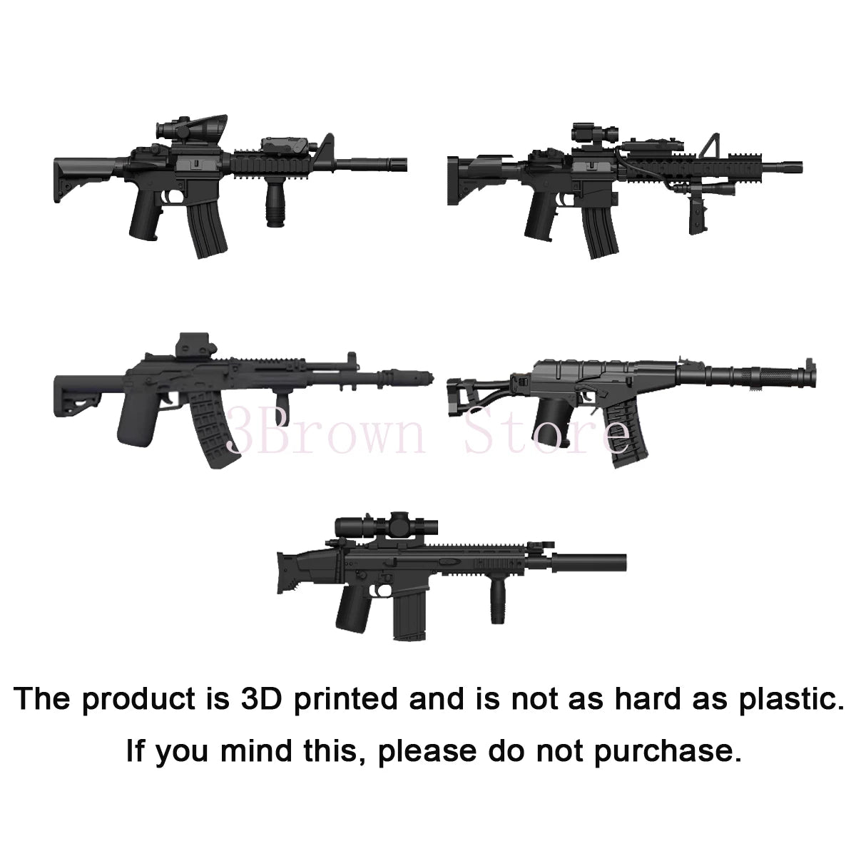 Three 3D printed military gun models with various accessories displayed against a white background.