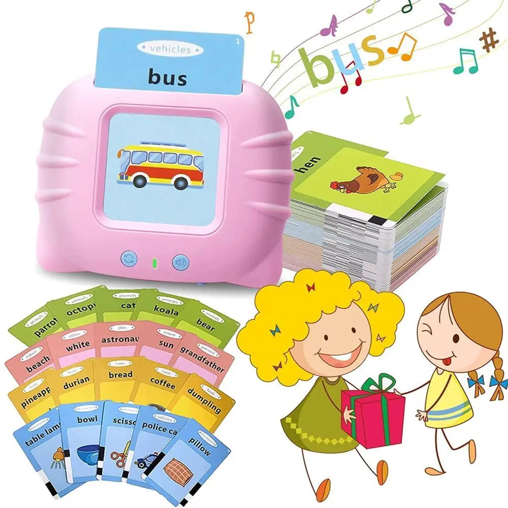 A pink bus-shaped electronic toy for children with accompanying educational flash cards featuring vehicles and animals.
