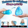 Hands demonstrate stretching, squeezing, and pressing a blue silicone squishy stress ball.