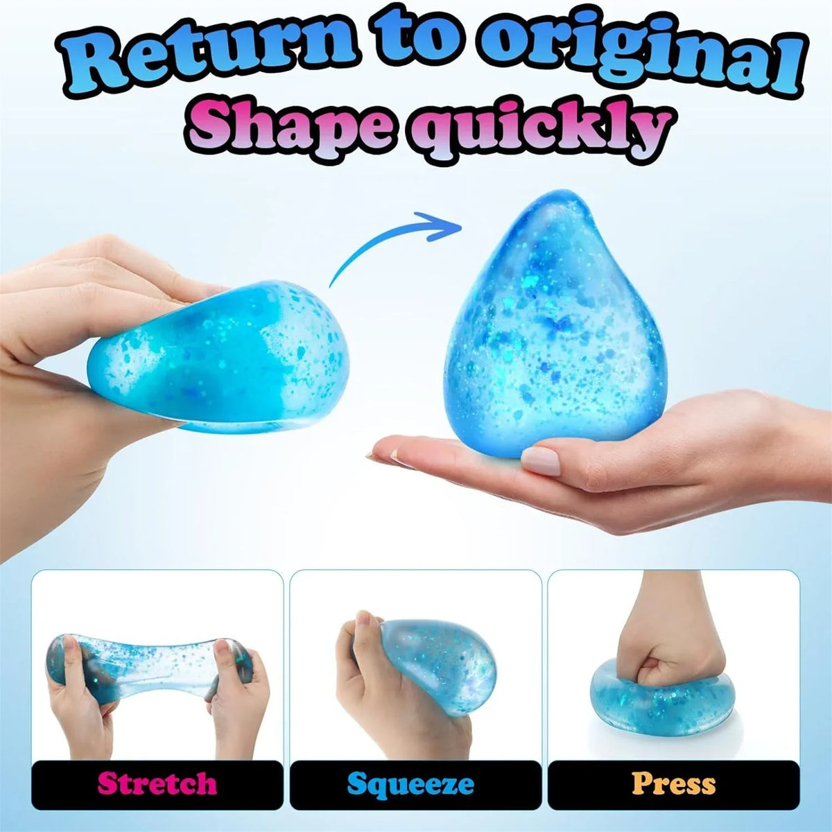Hands demonstrate stretching, squeezing, and pressing a blue silicone squishy stress ball.