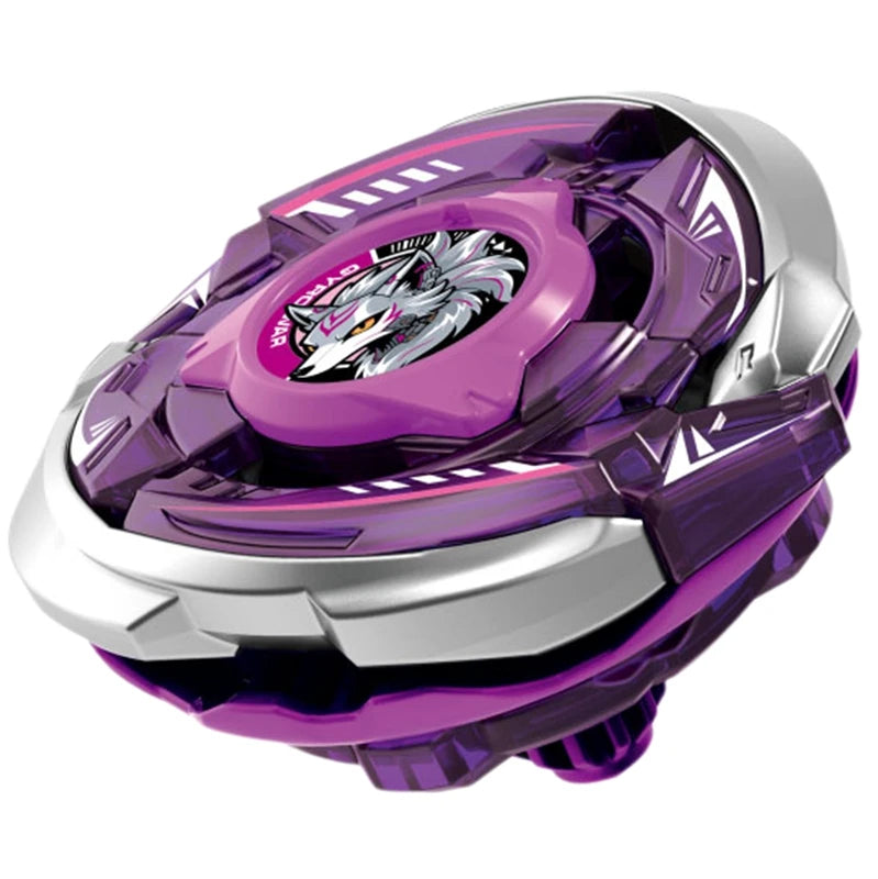 Tête de loup stylisée sur une toupie violette et argentée en rotation.