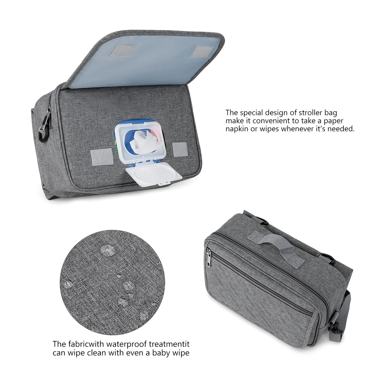 A gray portable diaper bag organizer showing an open compartment and a closed zippered bag.