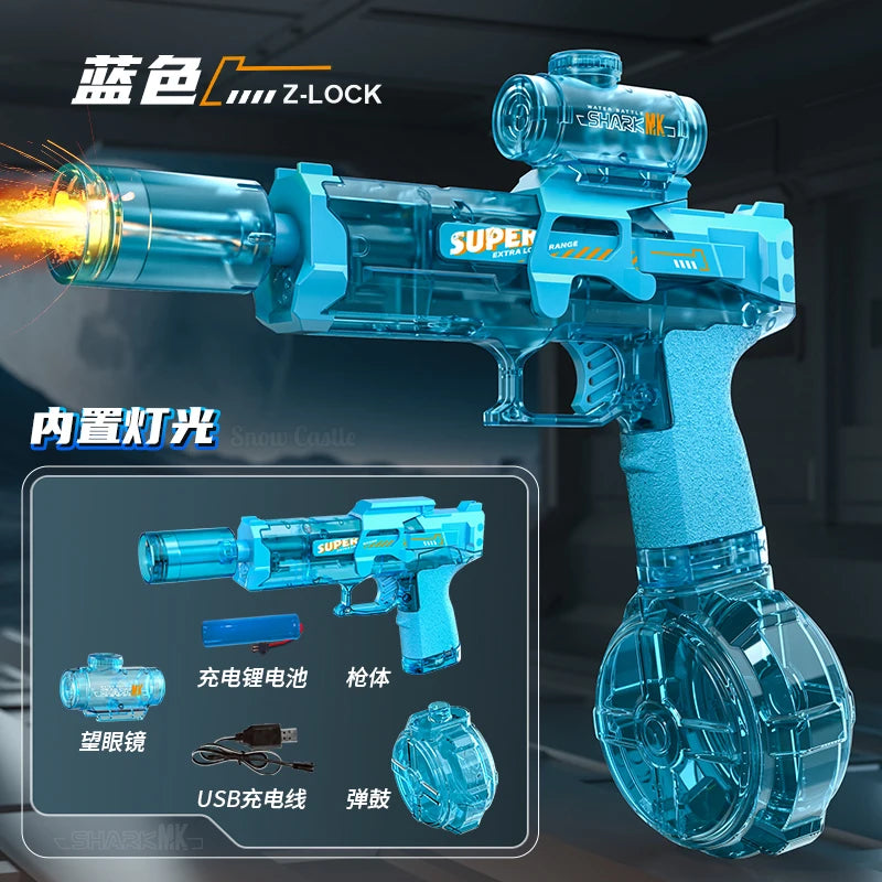A blue Z-Lock electric water blaster gun is shown, highlighting its features and accessories.