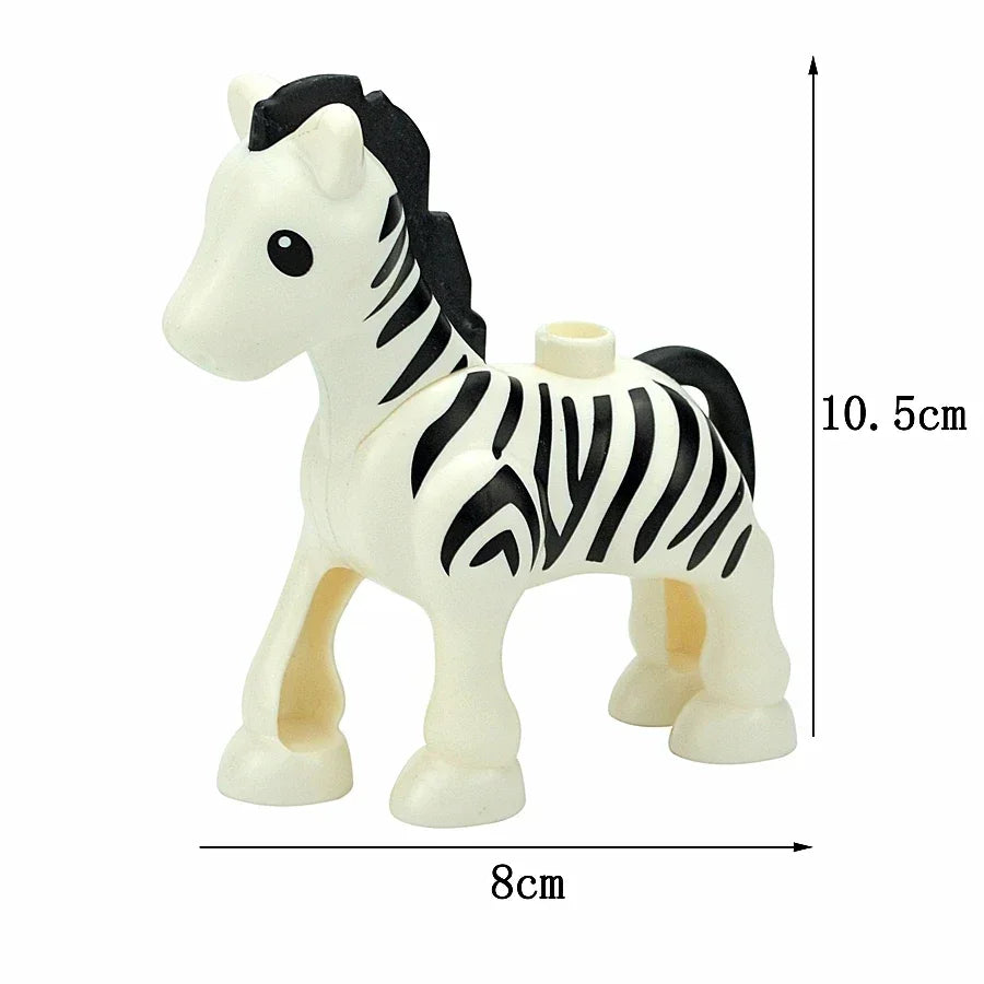 A white and black striped horse building block with dimensions 10.5cm high and 8cm long.