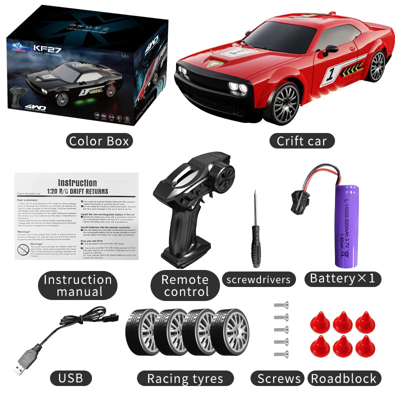A red high-speed 4WD drift RC car with its box, remote control, battery, and accessories.
