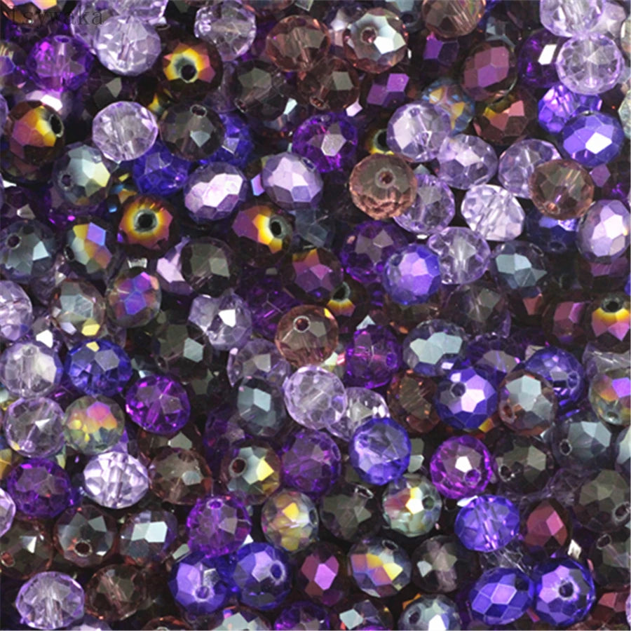 Multicolor round crystal glass beads in shades of purple and gray for jewelry making