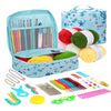 A blue crochet kit with an organizer case showing various colored yarn and crochet tools.