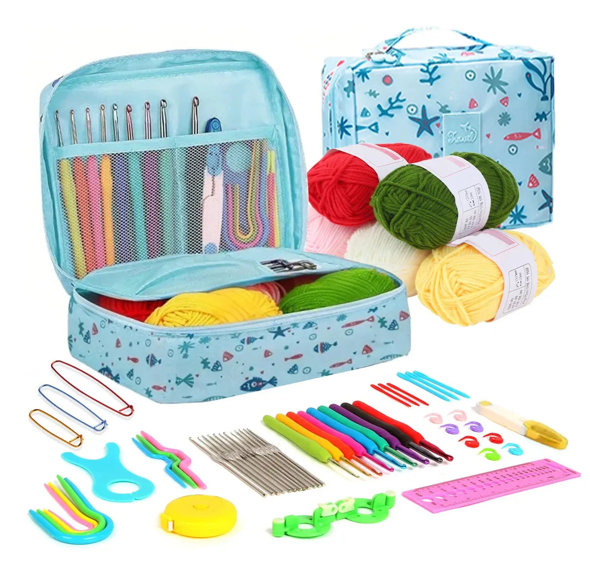 A blue crochet kit with an organizer case showing various colored yarn and crochet tools.