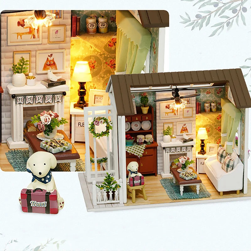 DIY Miniature Wooden Dollhouse Kit with LED Lighting