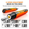 An orange and black cordless rotary tool with a 6-speed adjustment feature and various speed settings displayed.