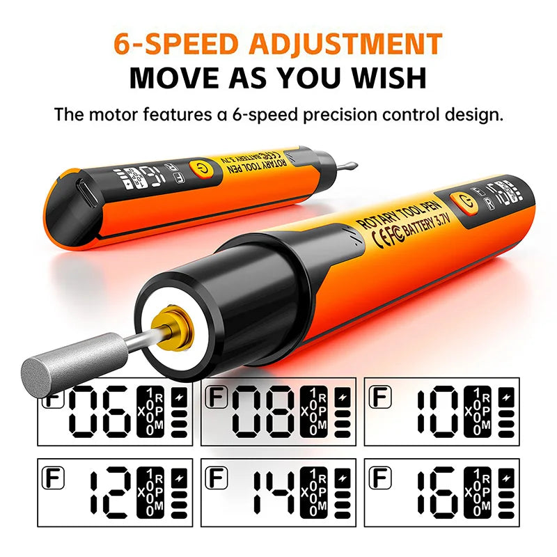 An orange and black cordless rotary tool with a 6-speed adjustment feature and various speed settings displayed.