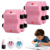 A pink 4-in-1 math roller stamp set with multiple stamps and a small book being used by a child.
