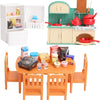 A dollhouse furniture set featuring a miniature kitchen with cabinets, pots, and utensils for kids.