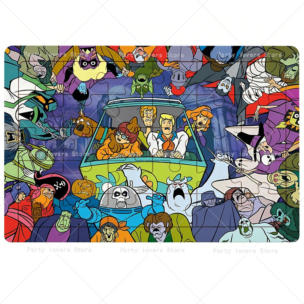 A jigsaw puzzle featuring characters from Scooby-Doo in various poses and scenes.