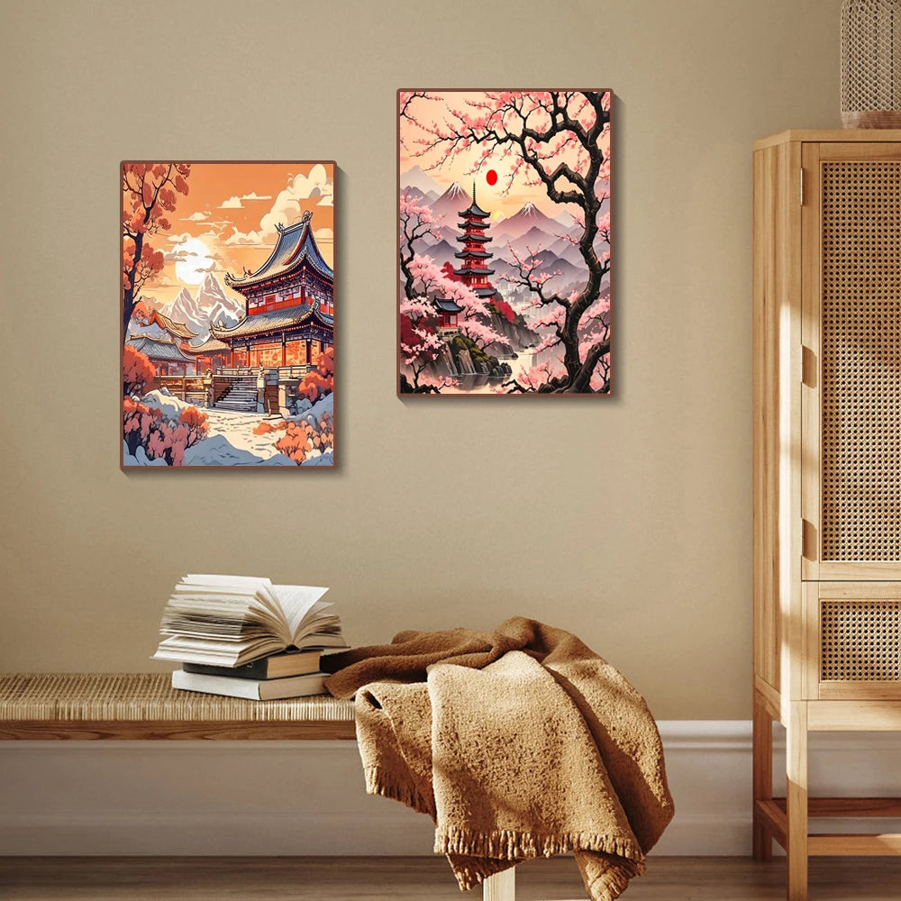 Cherry Blossom Tower Diamond Painting Kit – DIY 5D Wall Art for Adults
