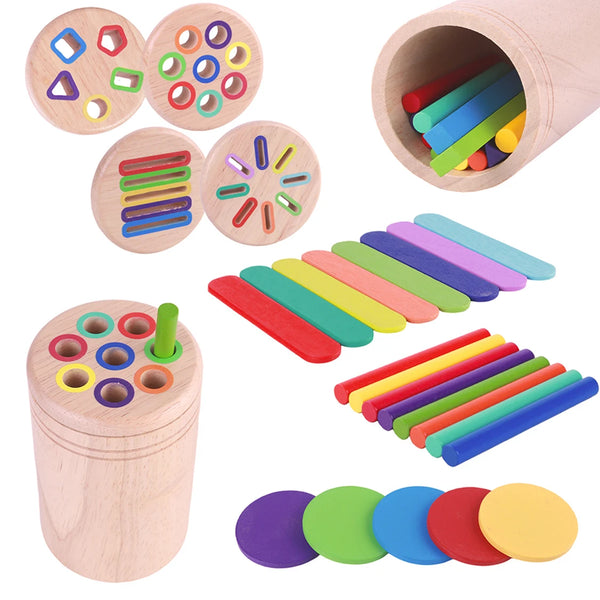 A set of wooden color classification sticks and a wooden container for sorting colors.