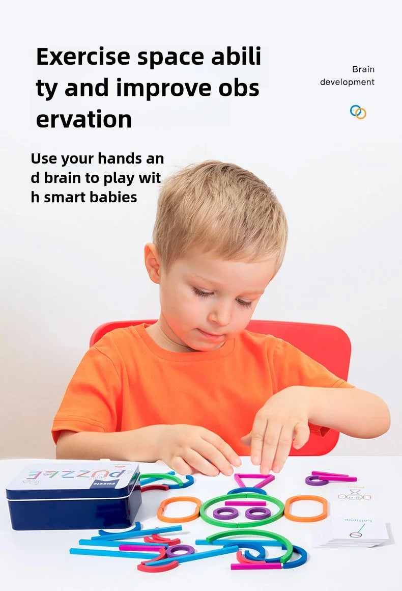 A young boy is playing with wooden shape sorting puzzles and colorful craft sticks for brain development.
