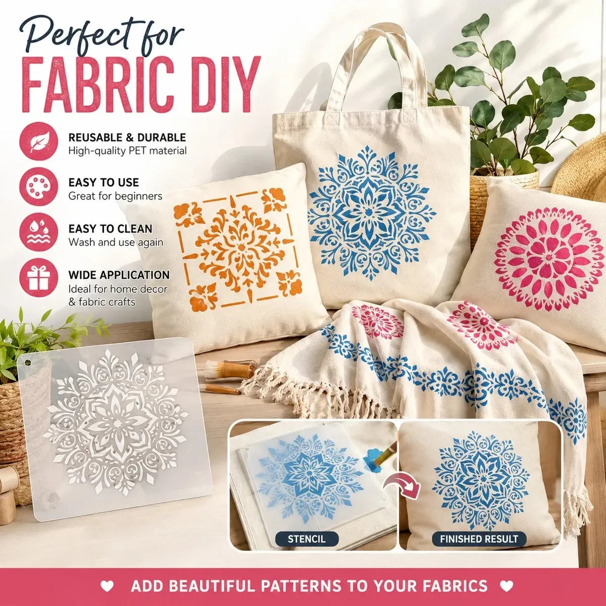 Reusable mandala art stencils in various colors and patterns used for fabric DIY projects
